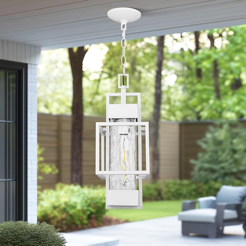 PARTPHONER 15" Outdoor Indoor Pendant Light Exterior Hanging Lantern, Modern Metal Outside Chandelier Light Fixture Ceiling Mount with Water Glass for Front Porch Entrance Foyer Entryway, White - Image 4